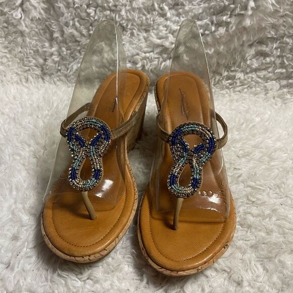 Chicos Elegant multi color Beaded cork wedge Sandals SZ9. - Picture 2 of 8